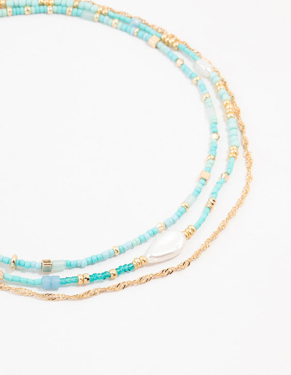 Blue Beaded,,Gold & Pearl Layered Choker