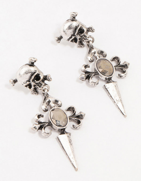 Antique Silver Skull Cross Drop Earrings