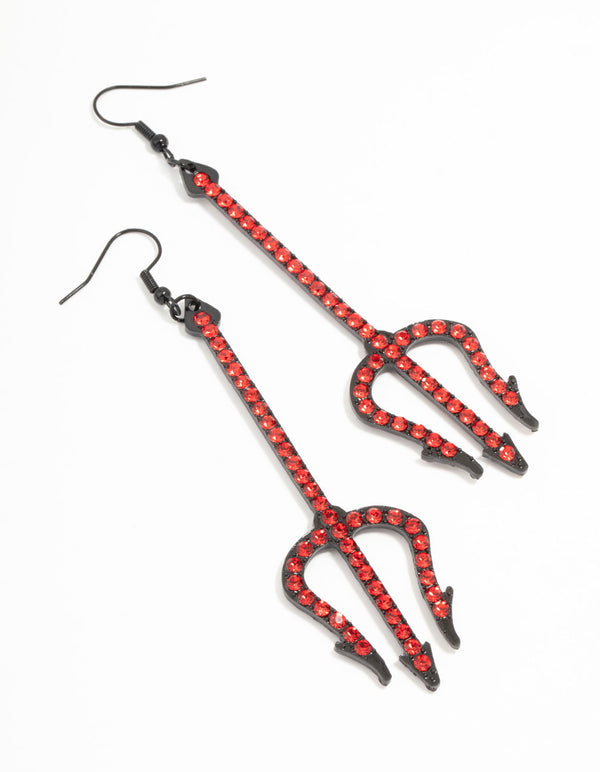 Red Diamante Pitchfork Drop Earrings