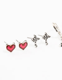 Antique Silver Cross & Heart Earrings 4-Pack - link has visual effect only