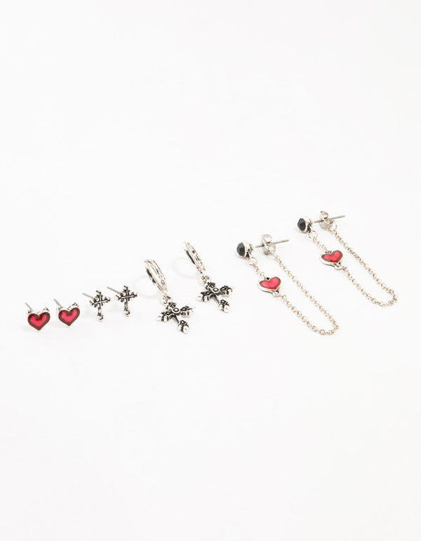 Antique Silver Cross & Heart Earrings 4-Pack