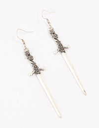 Antique Silver Floral Sword Drop Earrings - link has visual effect only