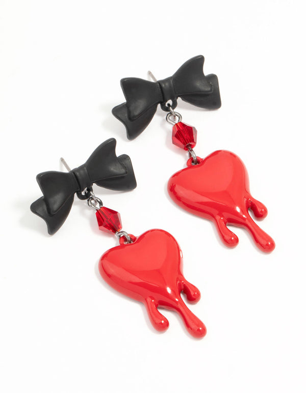 Black & Red Heart Droplet Bow Drop Earrings