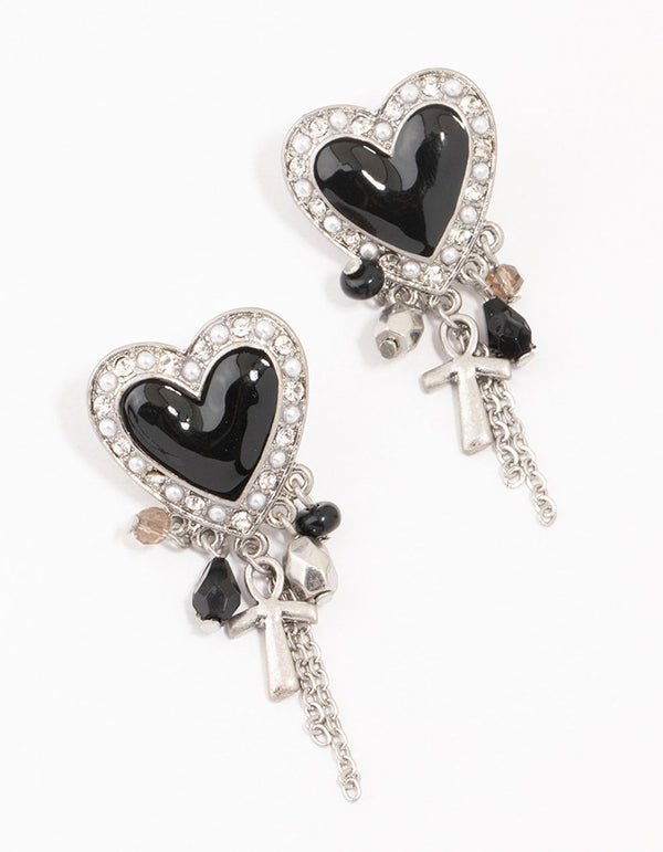 Black Heart Chain Silver Drop Earrings