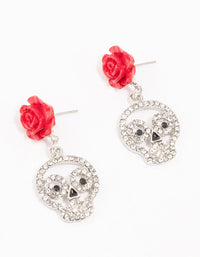 Red Floral Skull Silver Drop Earrings - link has visual effect only