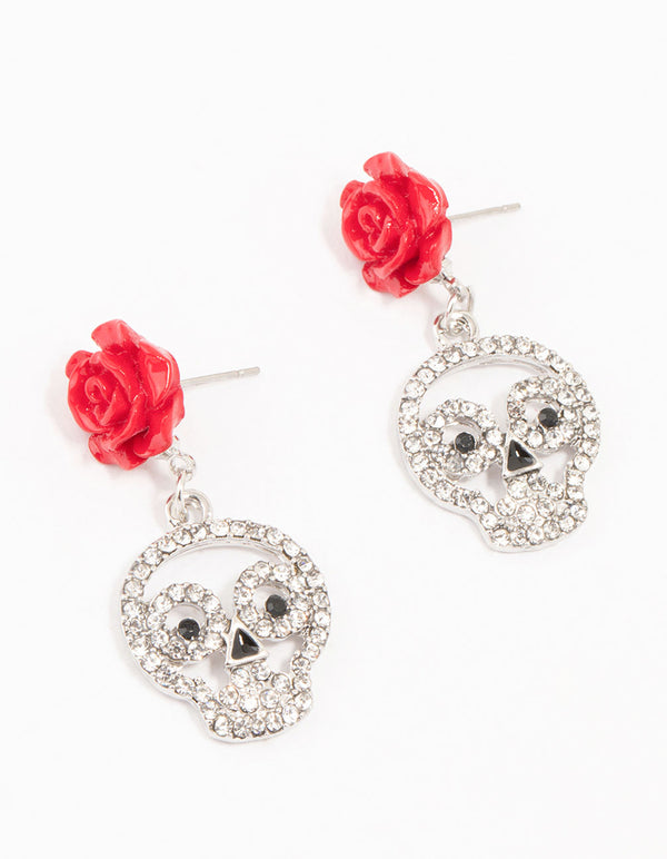 Red Floral Skull Silver Drop Earrings