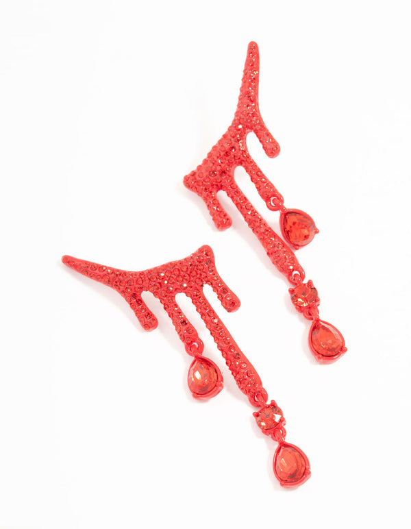 Red Blood Diamante Droplet Drop Earrings