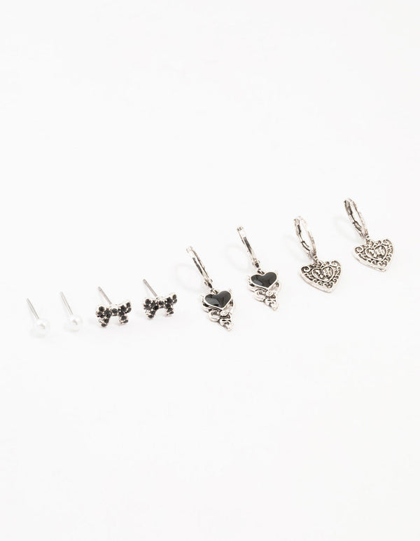 Antique Silver Gothic Heart Earrings 4-Pack