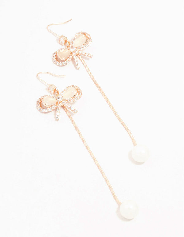 Rose Gold Plated Cubic Zirconia Bow Hook & Freshwater Pearl Drop Earrings