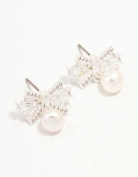 Silver Plated Baguette Cut Cubic Zirconia Bow & Freshwater Pearl Drop Earrings - link has visual effect only