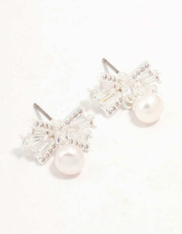 Silver Plated Baguette Cut Cubic Zirconia Bow & Freshwater Pearl Drop Earrings