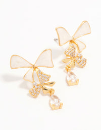 Real Gold Plated Cascading Cubic Zirconia & Cream Bow Drop Earrings - link has visual effect only