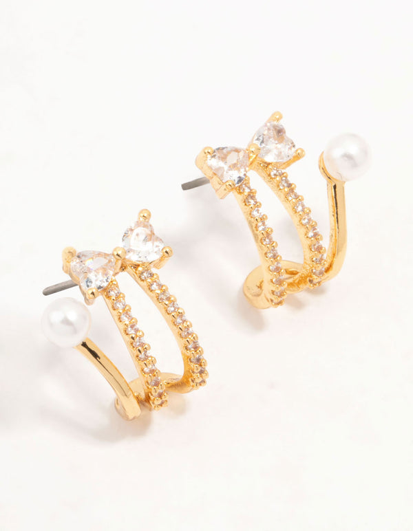 Real Gold Plated Bow, Cubic Zirconia & Freshwater Pearl Jacket Earrings