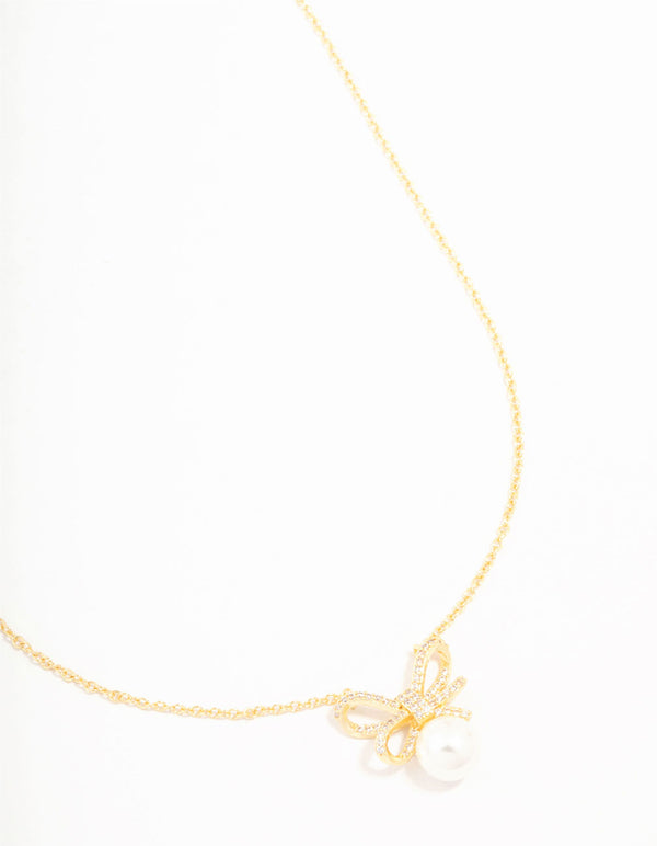 Large Real Gold Plated Cubic Zirconia Looped Bow & Freshwater Pearl Necklace