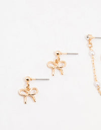 Gold Pearl Chain & Bow Earrings 3-Pack - link has visual effect only