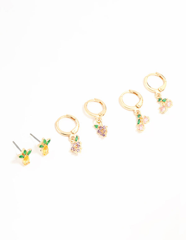 Gold Mixed Fruit Studs & Huggie Earrings 3-Pack