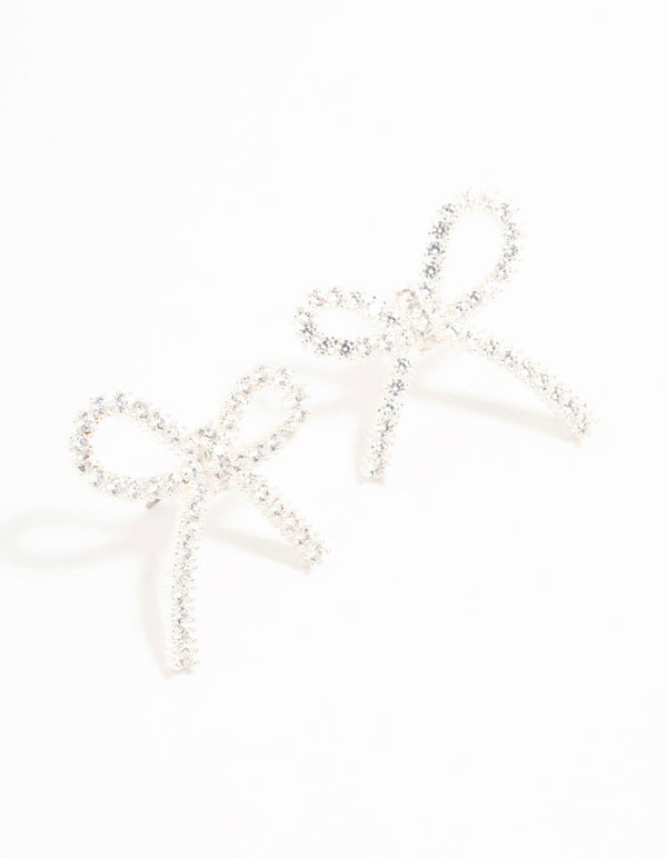 Silver Plated Pave Cubic Zirconia Bow Earrings