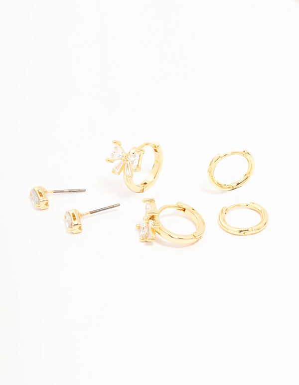 Gold Plated Cubic Zirconia Bow Huggie Earrings 3-Pack