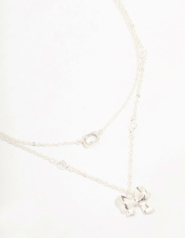 Silver Plated Bow Pendant Station Layered Necklace