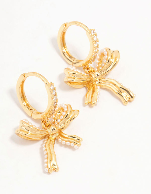 Gold Plated Brass Freshwater Pearl Encrusted Bow Drop Huggie Earrings