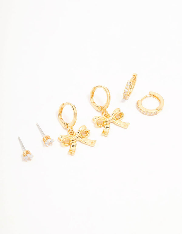 Gold Plated Brass Bow Drop & Cubic Zirconia Huggie & Stud Earrings 3-Pack