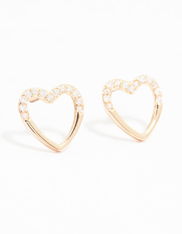 Rose Gold Plated Sterling Silver Pave Set Cubic Zirconia Heart Stud Earrings