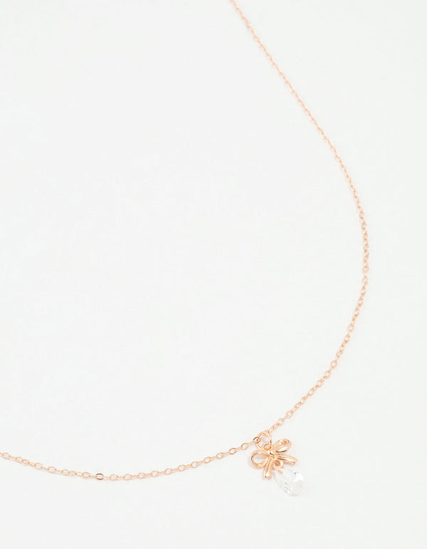 Rose Gold Plated Sterling Silver Bow And Pear Crystal Necklace