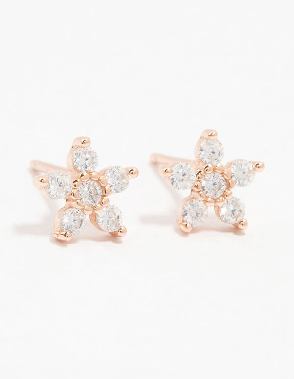 Rose Gold Plated Sterling Silver Cubic Zirconia Flower Stem Stud Earrings