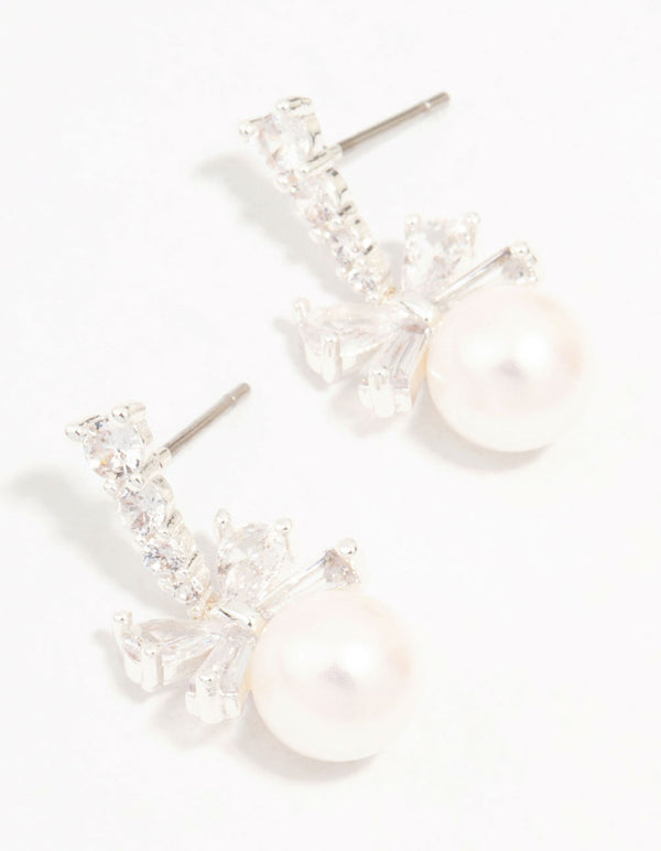 Silver Plated Cubic Zirconia Bow & Freshwater Pearl Drop Earrings