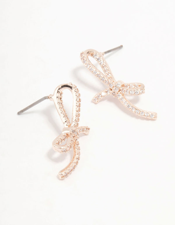 Rose Gold Plated Pave Set Cubic Zirconia Skinny Bow Stud Earrings