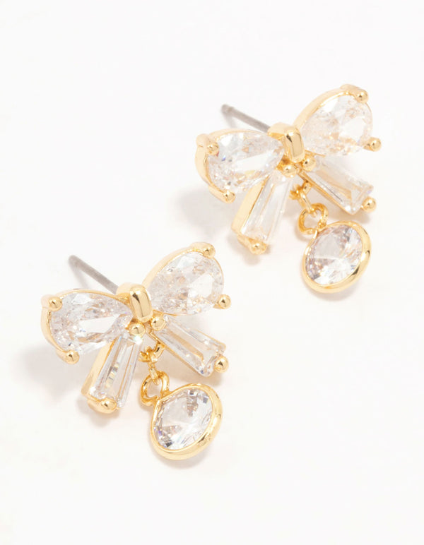 Real Gold Plated Cubic Zirconia Bow & Round Drop Earrings