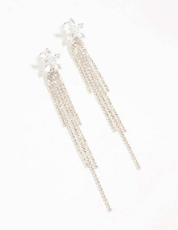 Diamante Floral Cup Chain Drop Silver Earrings