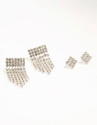 Silver Diamante Square Cup Chain Stud Earrings 2-Pack - link has visual effect only