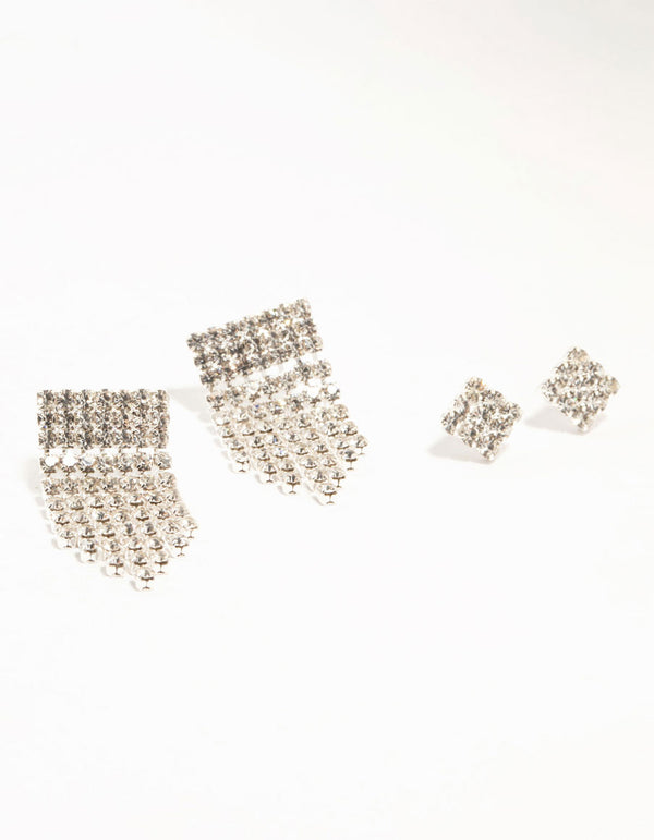 Silver Diamante Square Cup Chain Stud Earrings 2-Pack