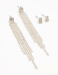 Diamante Cup Chain Multiple Stud Silver Earrings 2-Pack - link has visual effect only