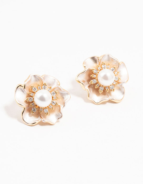 Real Gold Plated Cubic Zirconia Pearlised Pearl Peony Earrings