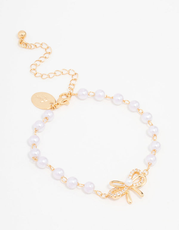 Gold Plated Station Pearl Double Bracelet