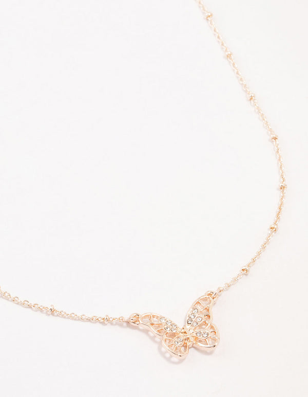 Rose Gold Plated Diamante Filigree Butterfly Necklace