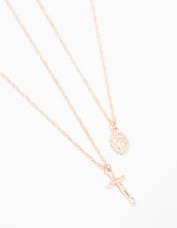 Rose Gold Plated Mary Hammered Cross Necklaces 2-Pack - link has visual effect only