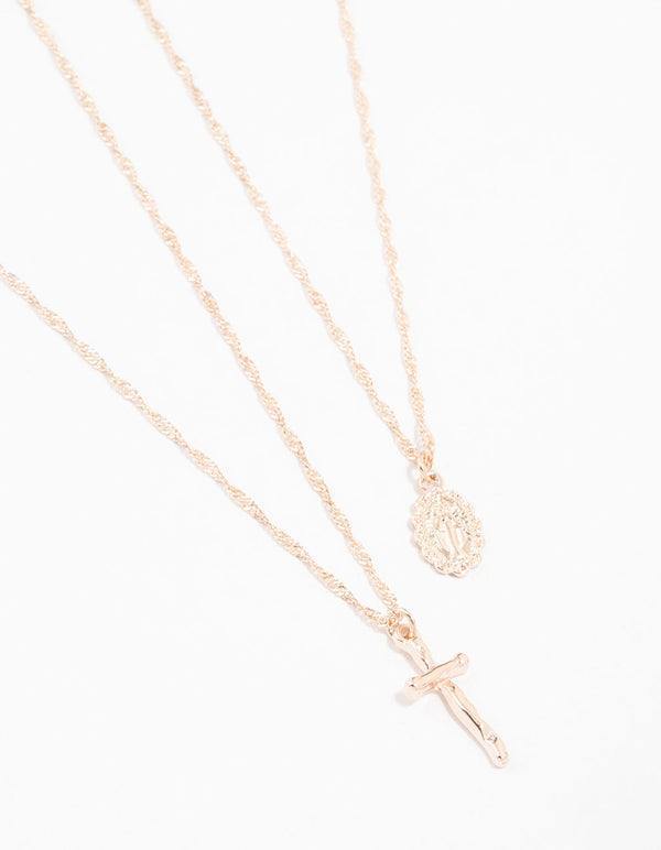 Rose Gold Plated Mary Hammered Cross Necklaces 2-Pack