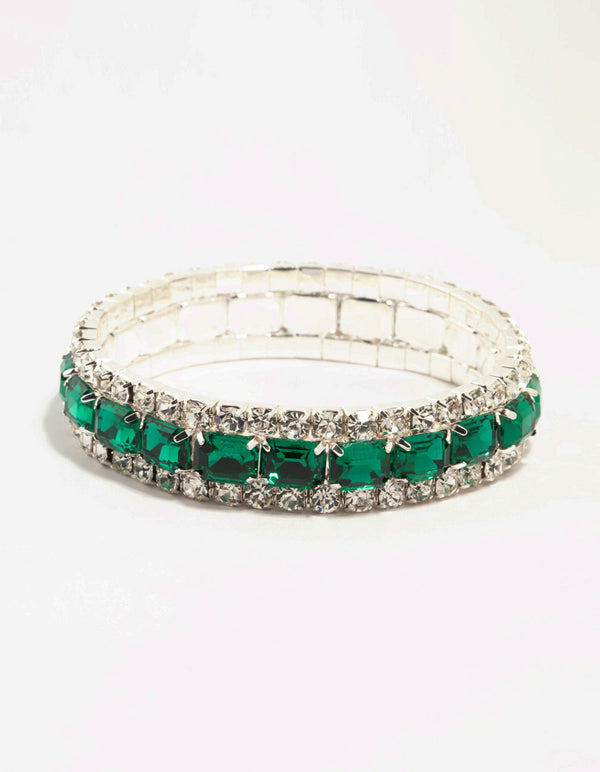 Silver & Green Diamante Cup Chain Stretch Bracelet