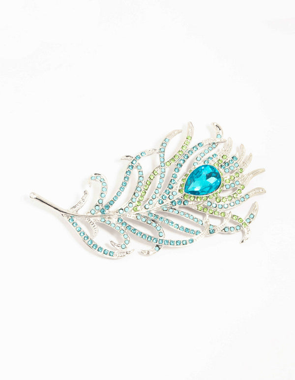 Silver Diamante Peacock Feather Brooch