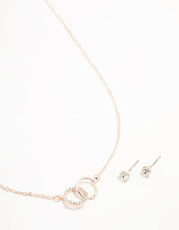 Rose Gold Linked Circle Necklaces & Stud Earrings Set - link has visual effect only