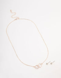 Rose Gold Linked Circle Necklaces & Stud Earrings Set - link has visual effect only