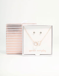 Rose Gold Linked Circle Necklaces & Stud Earrings Set - link has visual effect only