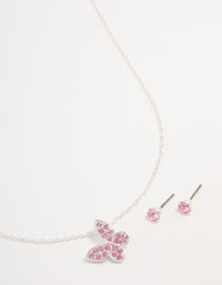 Pink Diamante Butterfly Necklace & Stud Earrings Silver Set - link has visual effect only