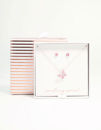 Pink Diamante Butterfly Necklace & Stud Earrings Silver Set - link has visual effect only