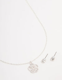 Silver Rose Diamante Necklace & Earrings Set - link has visual effect only