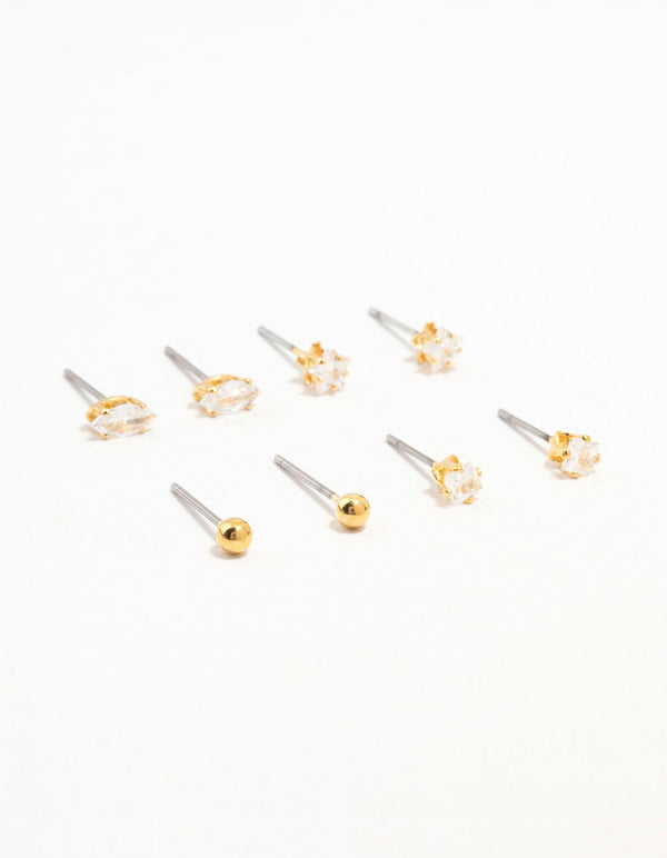 Gold Plated Brass Star & Marquise Cubic Zirconia Earrings 4-Pack