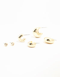 Gold Plated Brass Chunky Hoop & Cubic Zirconia Stud Earrings 3-Pack - link has visual effect only